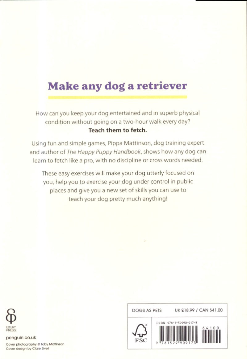 Book back cover with text about training dogs to fetch and become retrievers, featuring a Penguin UK logo.