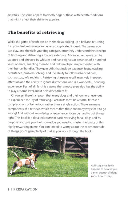 Page from a book about the benefits of retrieving with a dog illustration at the bottom.