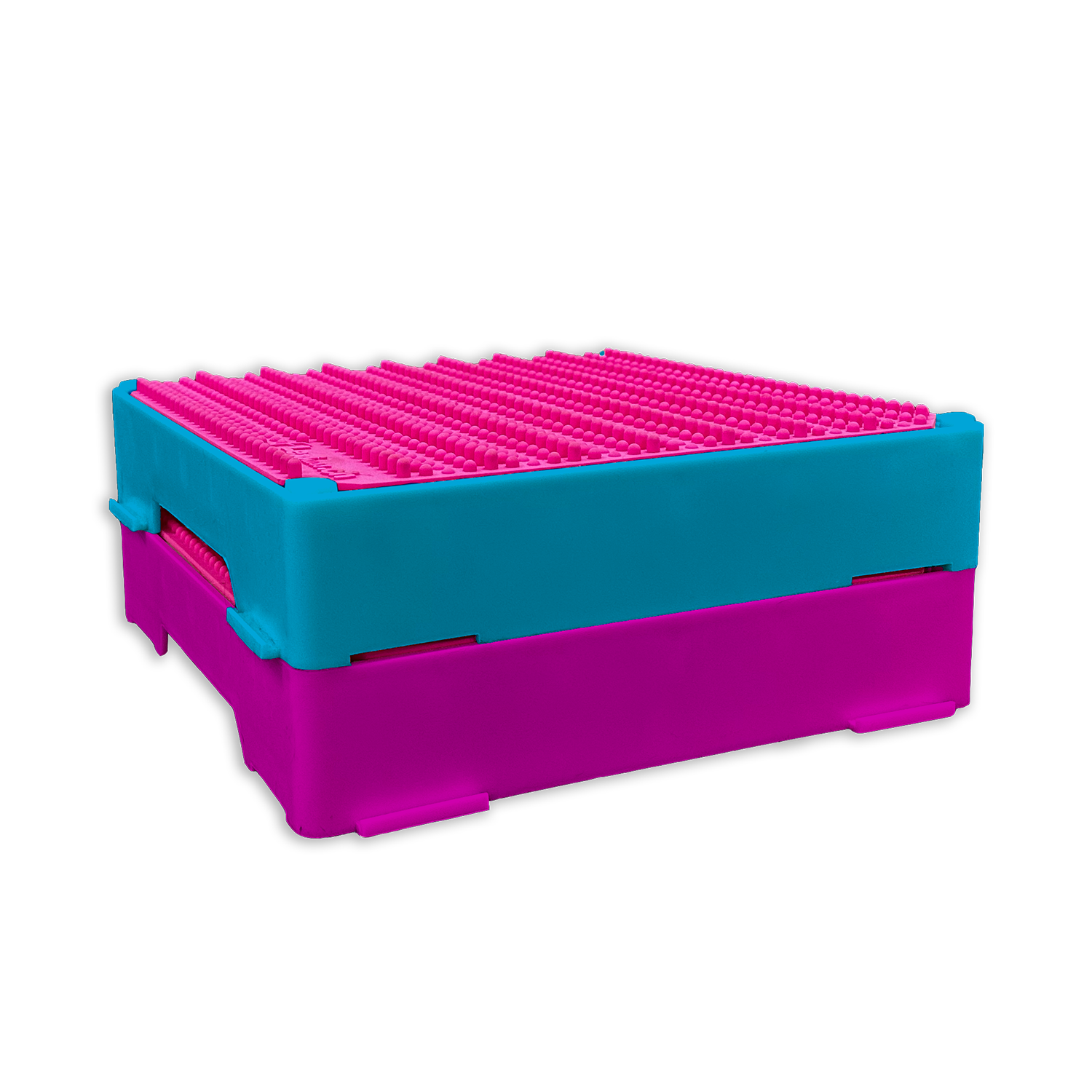 A pink and blue plastic crate on a white background adorned with Flexiness FlexBlox SensiMat, featuring a wave nub structure for extra comfort. The crate is perfect for pets to rest their