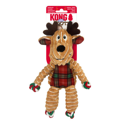 A CLEARANCE: KONG Holiday Floppy Knots Reindeer Dog Toy, a stuffed animal with natural instincts, packaged as a Christmas reindeer by Your Whole Dog.