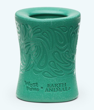 The West Paw Funnl is a green cylindrical dog toy with embossed swirling patterns and "West Paw * Earth Animal" on the front, ideal for fetch and interactive play.