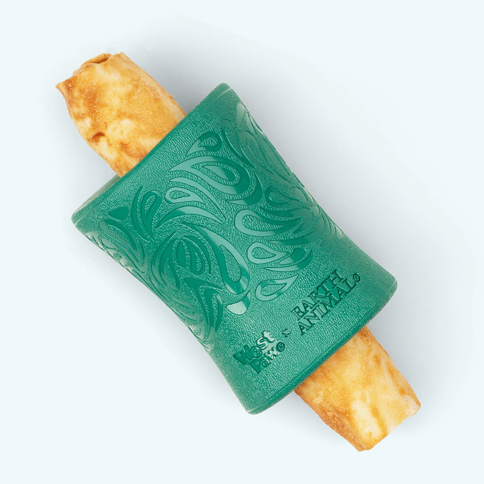 The West Paw Funnl by West Paw is a green textured chew holder that grips rawhide chews with both ends exposed, making it perfect for tug or fetch play.