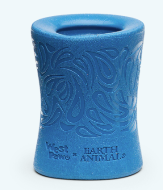 The West Paw Funnl is a blue cylindrical dog chew toy with embossed swirl patterns and "West Paw x Earth Animal" on the side—great as a fetch toy for dogs.
