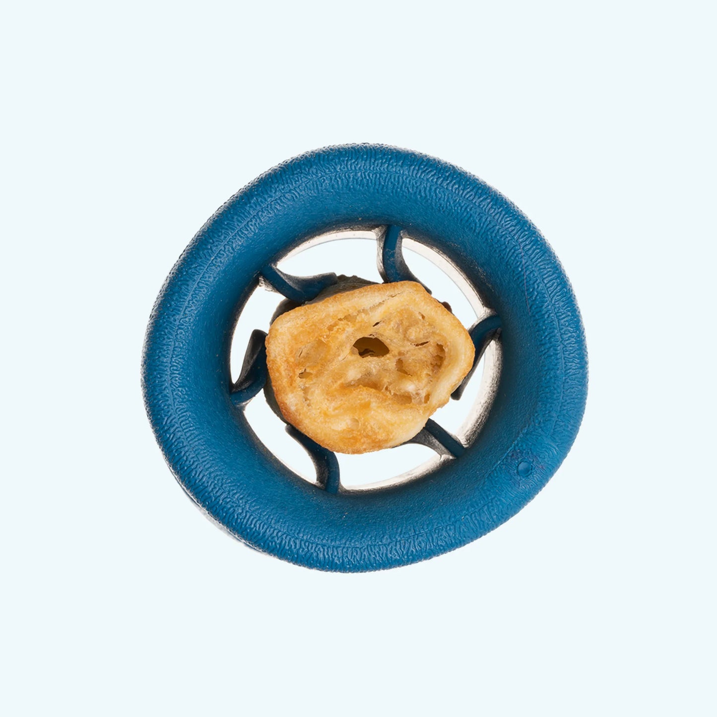 The West Paw Funnl is a round blue dog toy by West Paw, designed to hold an edible treat in the center. Perfect for fetch, it's shown against a white background.
