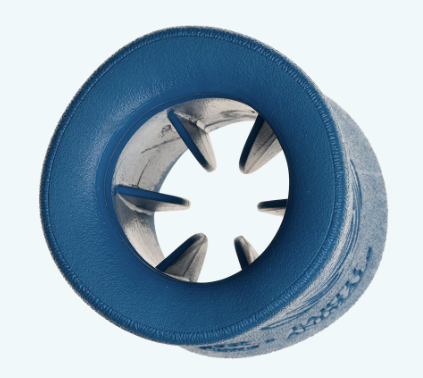 A blue West Paw Funnl by West Paw, seen from above, features a cylindrical design with six inward-pointing metal blades—an innovative fetch toy for dogs.