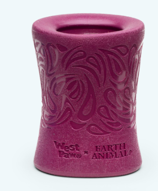 Introducing the West Paw Funnl: a purple, hourglass-shaped fetch toy for dogs featuring embossed patterns and "West Paw x Earth Animal" on its side.