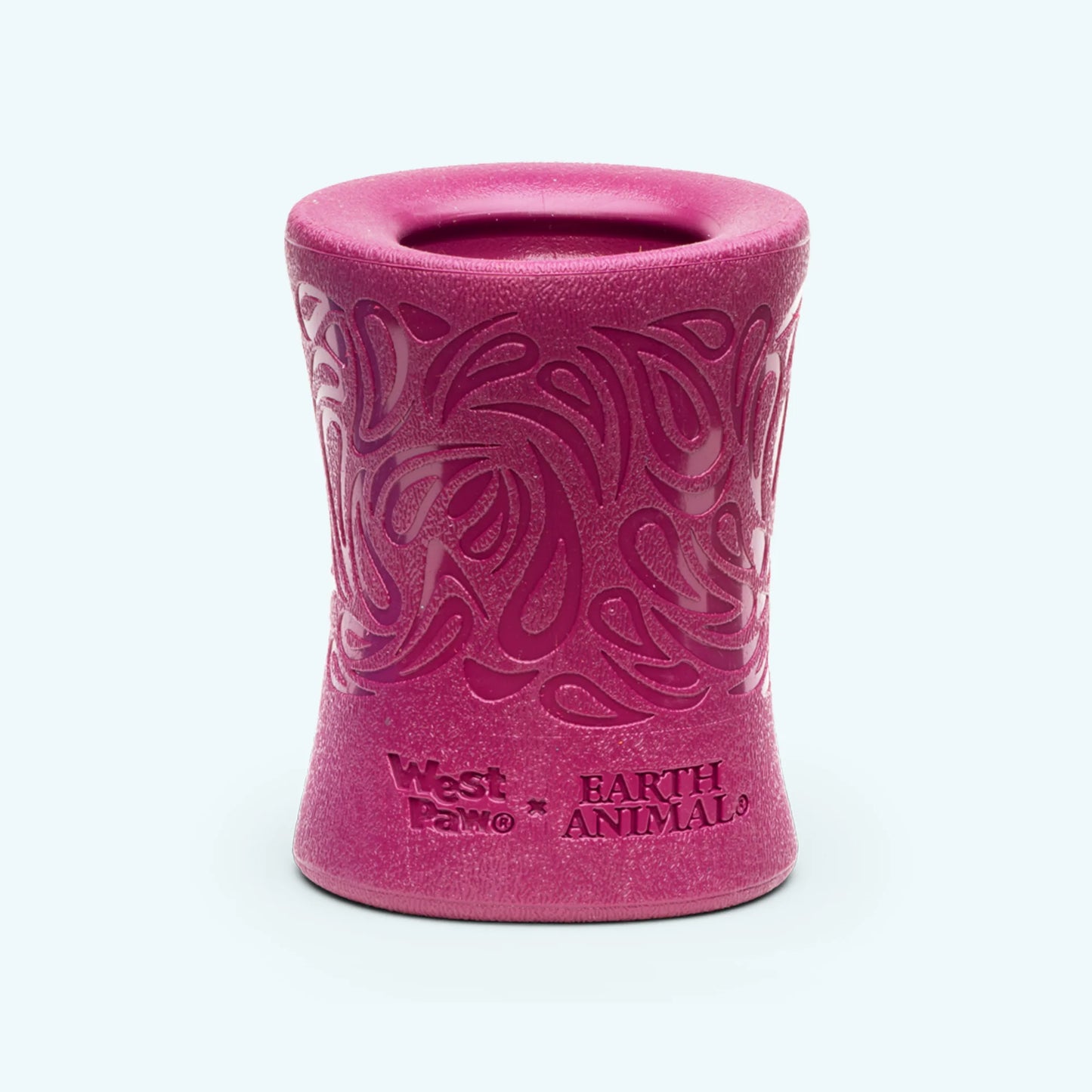The West Paw Funnl is a purple, hourglass-shaped dog chew toy with decorative swirls and "West Paw" and "Earth Animal" logos—great for tug or fetch games.