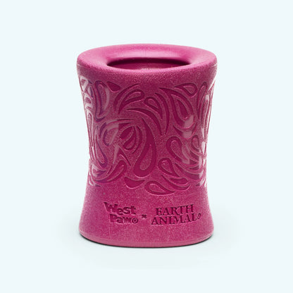 The West Paw Funnl is a purple, hourglass-shaped dog chew toy with decorative swirls and "West Paw" and "Earth Animal" logos—great for tug or fetch games.