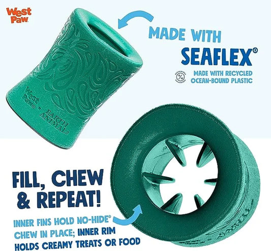 The West Paw Funnl dog toy by West Paw is made from recycled ocean-bound plastic, featuring a textured exterior and inner fins to hold treats. This reusable chew, tug, and fetch toy offers dogs both fun and eco-friendly playtime.