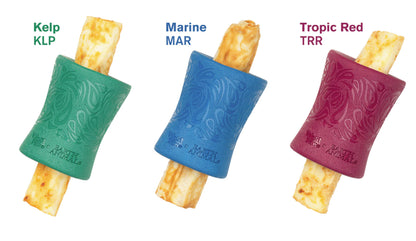 Set of three dog chew toys with bone-shaped treats in green ("Kelp"), blue ("Marine"), and red ("Tropic Red") rubber holders. Ideal for fetch or tug games, inspired by the West Paw Funnl from West Paw.