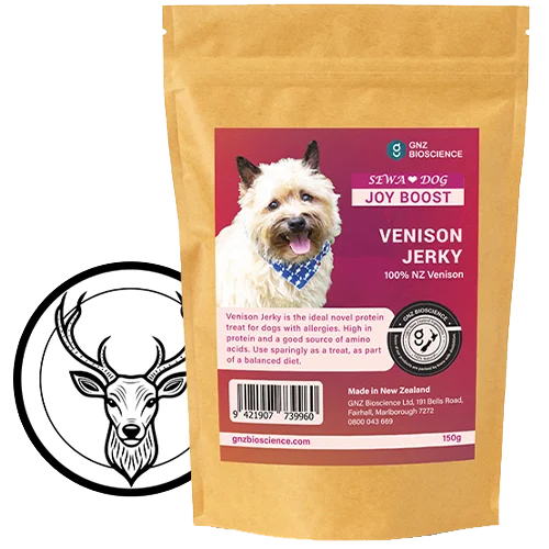 The "GNZ Bioscience SEWA Joy Boost Venison Jerky" by Your Whole Dog features a small dog image on brown packaging with a red label. Made in New Zealand, this 150g allergy-friendly venison treat includes nutritional info to delight your pet.