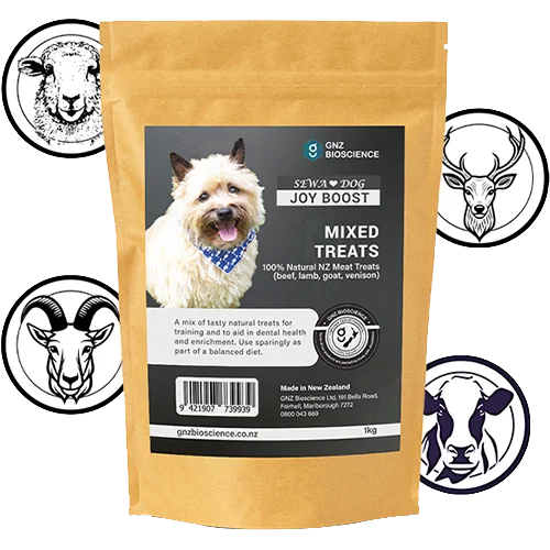 A brown paper bag, labeled "SALE: GNZ Bioscience SEWA Joy Boost Mixed Dog Treats," shows a bandana-wearing dog with sheep, cow, goat, and deer icons nearby. These natural treats from GNZ Bioscience offer mixed chews to promote dental health.