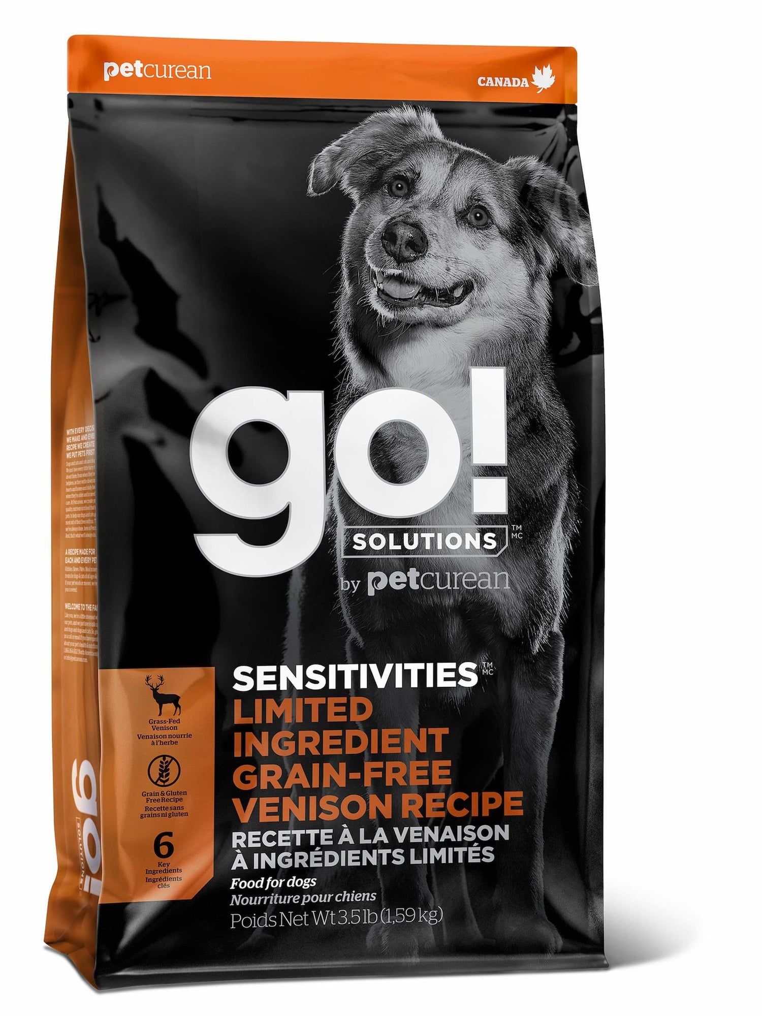 A bag of GO! Solutions SENSITIVITIES Grain Free Limited Ingredient Venison Recipe Dog Food by Go! Solutions, designed for sensitive dogs, with a happy dog and product info in English and French on the packaging.