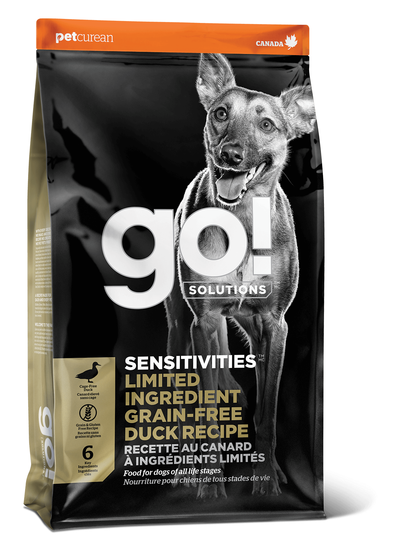 Bag of Go! Solutions SENSITIVITIES Grain Free Limited Ingredient Duck Recipe Dog Food by Go! Solutions, ideal for dogs with sensitivities, featuring a happy dog and detailed product info on the packaging.