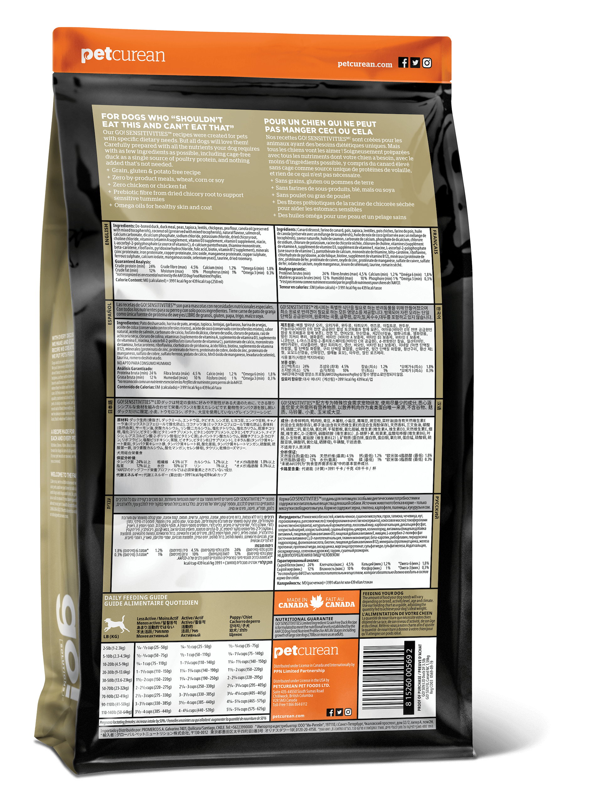 Back of a Go! Solutions SENSITIVITIES Grain Free Limited Ingredient Duck Recipe Dog Food bag showing nutritional info, feeding guidelines, and ingredients in English and French.
