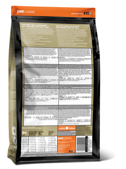 Back of a Go! Solutions SENSITIVITIES Grain Free Limited Ingredient Duck Recipe Dog Food bag showing nutritional info, feeding guidelines, and ingredients in English and French.