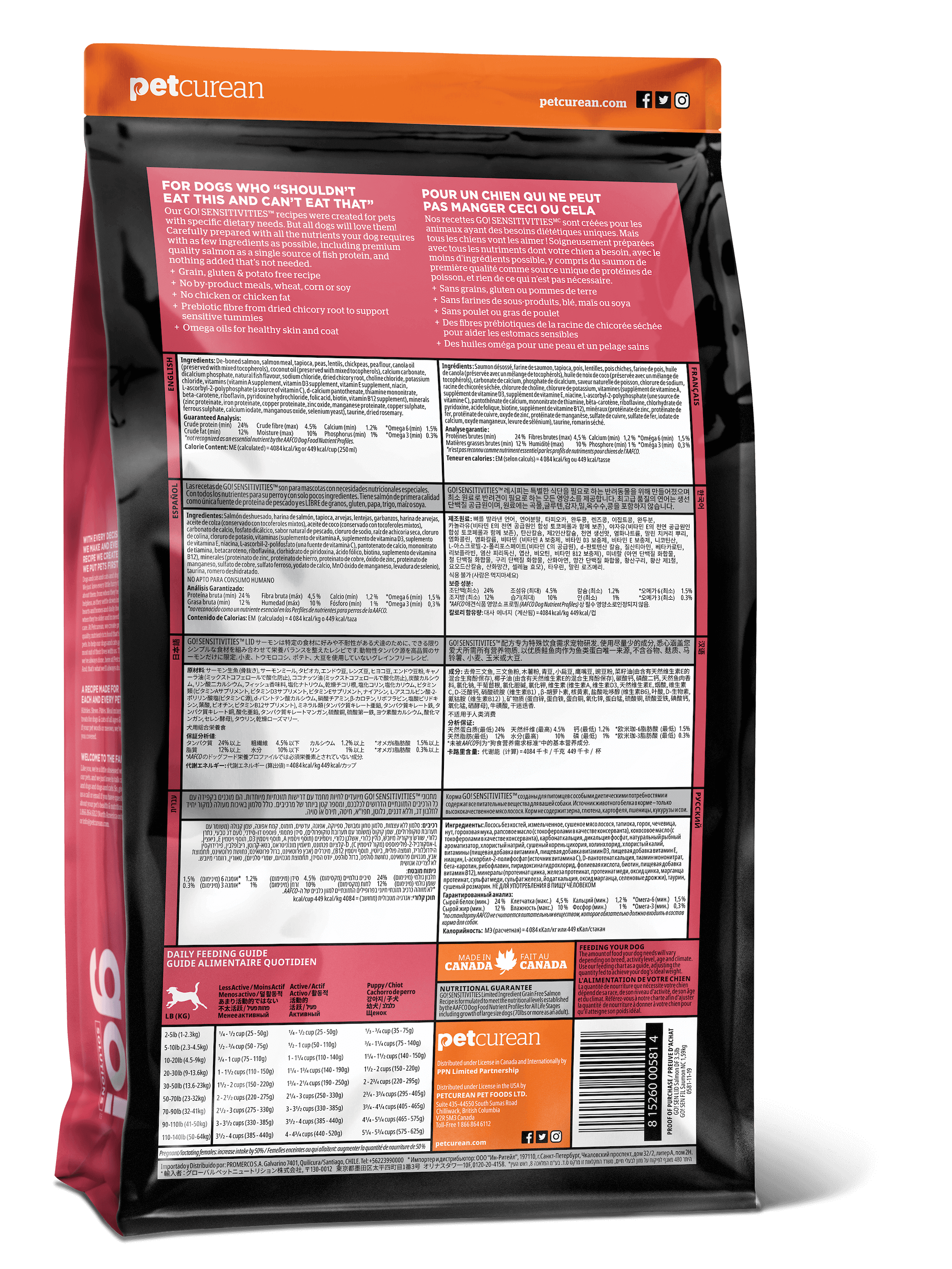 Back view of a Go! Solutions SENSITIVITIES Grain Free Limited Ingredient Salmon Recipe Dog Food bag, showing feeding guidelines, ingredients, and product info in English and French—ideal for grain free or limited ingredient diets.