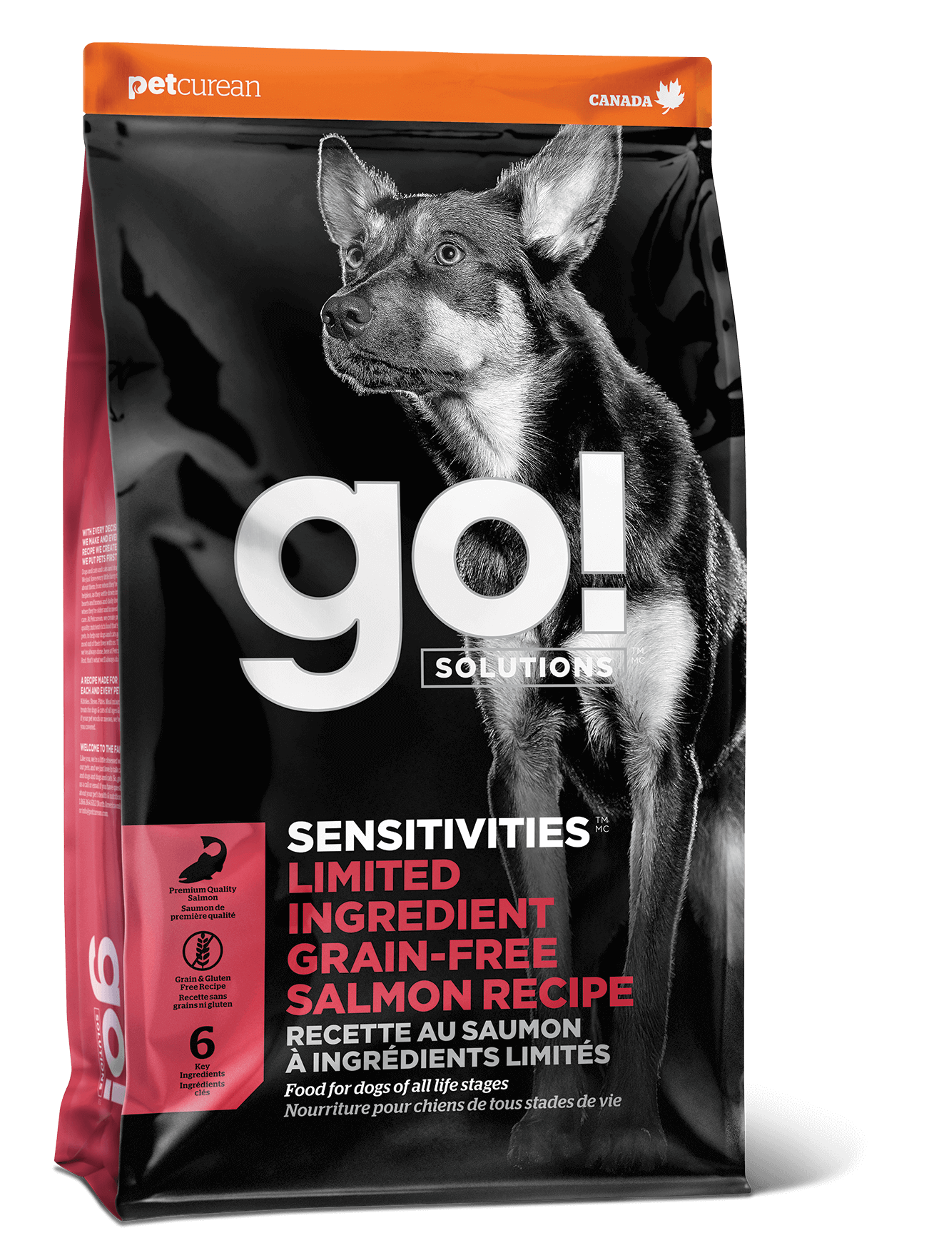 A bag of Go! Solutions SENSITIVITIES Grain Free Limited Ingredient Salmon Recipe Dog Food showcases a large dog image and product details on the front, ideal for dogs with sensitivities.