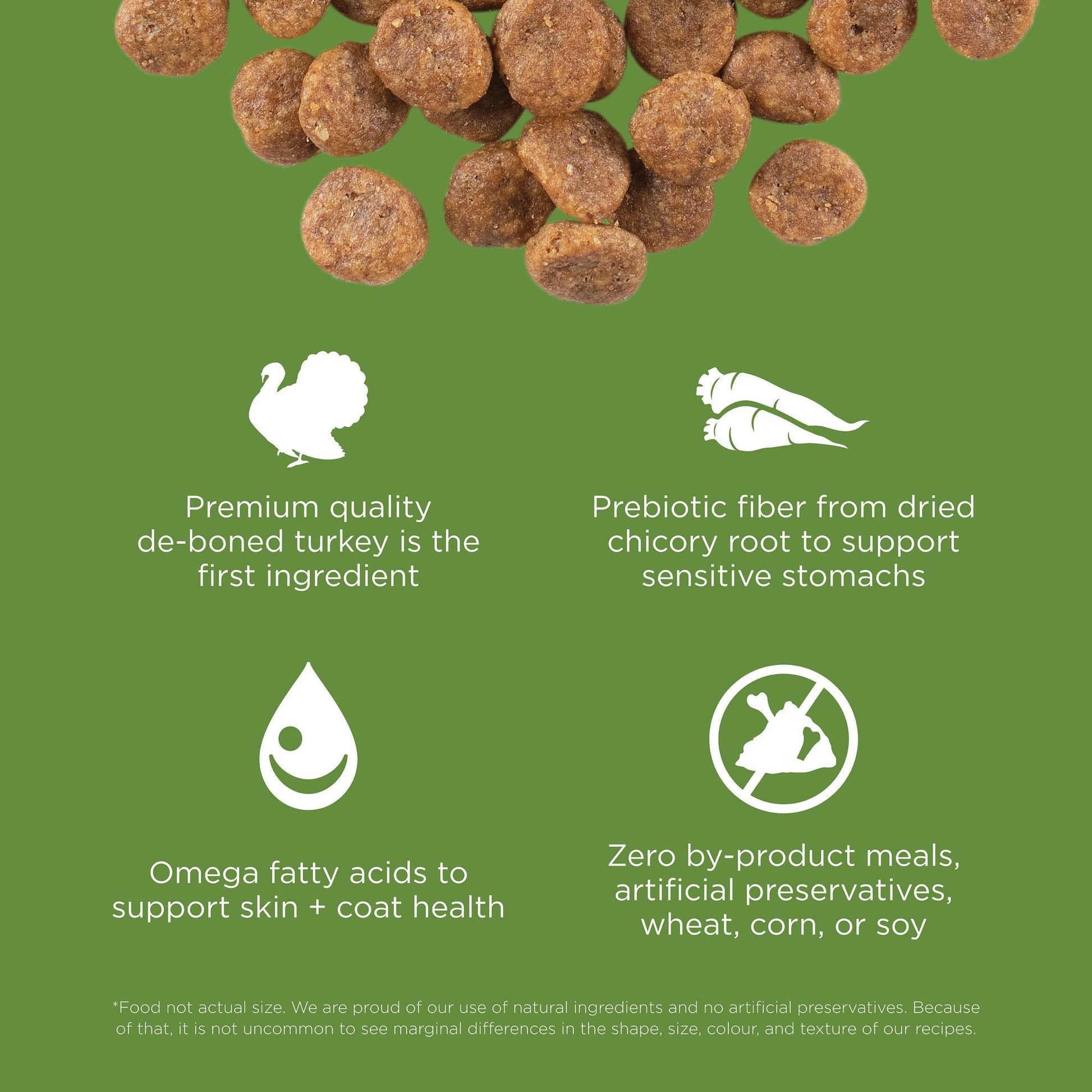 On a green background, brown kibble pieces and icons highlight GO! Solutions SENSITIVITIES Grain Free Limited Ingredient Turkey Recipe Dog Food as featuring turkey as the main ingredient, prebiotic fiber, omega fatty acids, and no artificial additives.