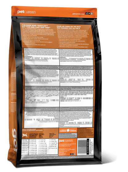 Back of a Go! Solutions SENSITIVITIES Grain Free Limited Ingredient Venison Recipe Dog Food bag showing feeding guidelines, ingredients, nutrition facts, and company contact info in English and French.
