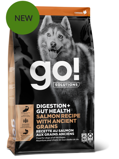 A black and orange bag of Go! Solutions Digestion + Gut Health Salmon with Ancient Grains dog food, showing a husky on the front and a green "NEW" circle at the top left.