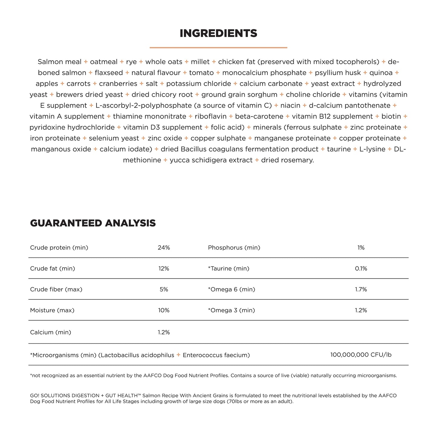 Ingredient and nutrition label for GO! Solutions Digestion + Gut Health Salmon with Ancient Grains dog food by Go! Solutions, listing salmon meal, oats, chicken fat, vitamins, minerals, and guaranteed analysis percentages.