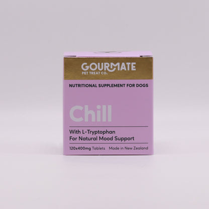 Pink and gold box of Your Whole Dog's Gourmate Pet Treat Co. Chill with L-Tryptophan for Natural Mood Support, a nutritional supplement for dogs containing Dog Collagen, 120 tablets, made in New Zealand.