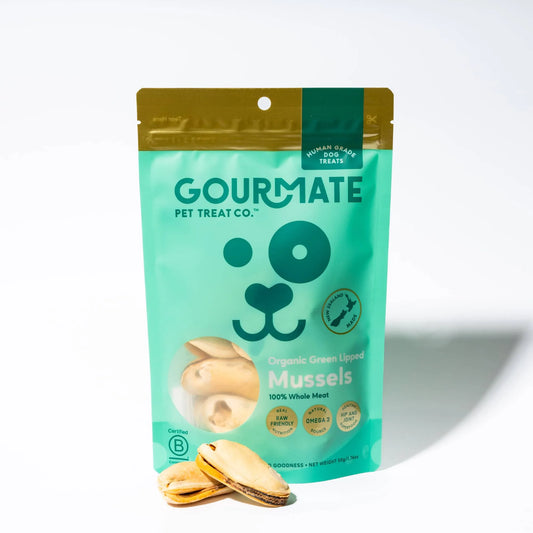 A teal pouch of Gourmate Pet Treat Co. Organic Green Lipped Mussels dog treats stands upright on a white background, showcasing their omega-3 fatty acids for joint health, with several mussels displayed in front.