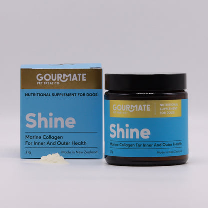 A jar and box of Your Whole Dog's "Shine Marine Collagen For Inner And Outer Health," a marine collagen supplement for dogs enriched with Green Lipped Mussel Oil for optimal pet joint health, made in New Zealand, are displayed.