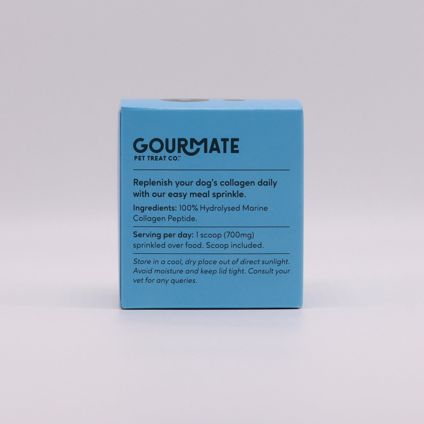 The Gourmate Pet Treat Co. Shine Marine Collagen for Inner and Outer Health, under the brand Your Whole Dog, offers a blue package of dog meal sprinkles made with 100% hydrolysed marine collagen peptide and enhanced with Green Lipped Mussel Oil to promote pet joint health. The packaging includes clear instructions and storage advice for convenience.