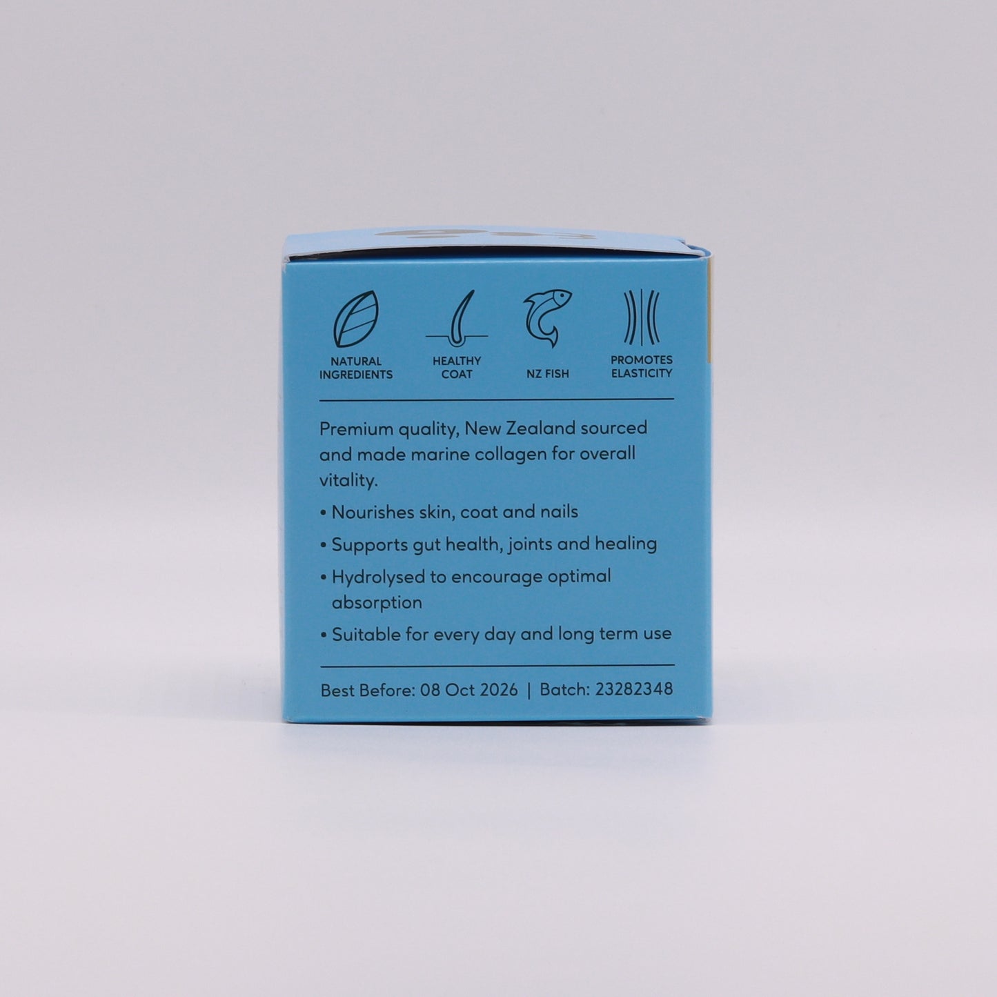 The Gourmate Pet Treat Co. Shine Marine Collagen for Inner and Outer Health from Your Whole Dog comes in a blue box and includes natural ingredients like Green Lipped Mussel Oil, which supports the health of your pet's skin, coat, nails, and joints. It's enriched with omega-3s for additional benefits. The product is best before October 8, 2026, with batch number 23282348.