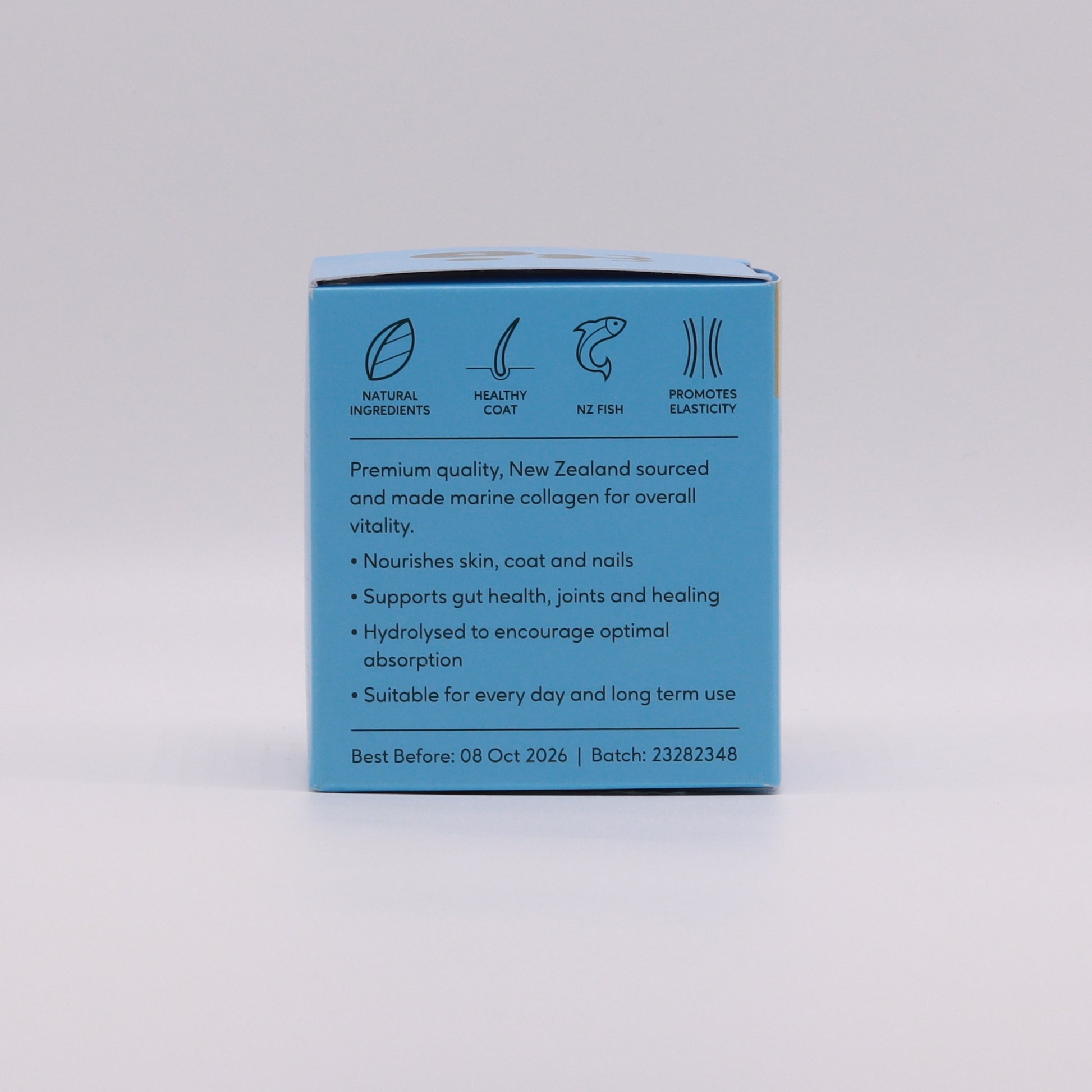 The Gourmate Pet Treat Co. Shine Marine Collagen for Inner and Outer Health from Your Whole Dog comes in a blue box and includes natural ingredients like Green Lipped Mussel Oil, which supports the health of your pet's skin, coat, nails, and joints. It's enriched with omega-3s for additional benefits. The product is best before October 8, 2026, with batch number 23282348.