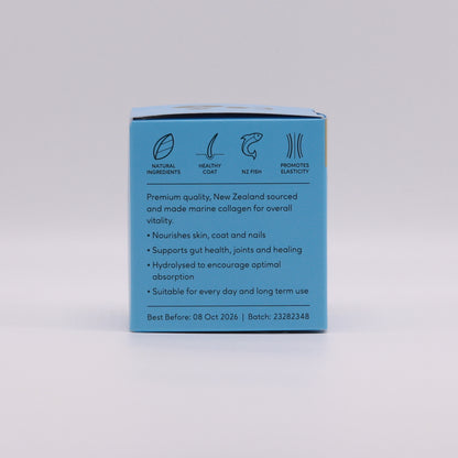 The Gourmate Pet Treat Co. Shine Marine Collagen for Inner and Outer Health from Your Whole Dog comes in a blue box and includes natural ingredients like Green Lipped Mussel Oil, which supports the health of your pet's skin, coat, nails, and joints. It's enriched with omega-3s for additional benefits. The product is best before October 8, 2026, with batch number 23282348.