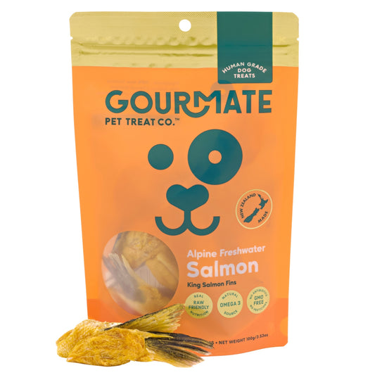 The orange and yellow bag of Your Whole Dog's Gourmate Pet Treat Co. Alpine Freshwater Salmon Fins showcases salmon fins on the front and is rich in omega-3s.