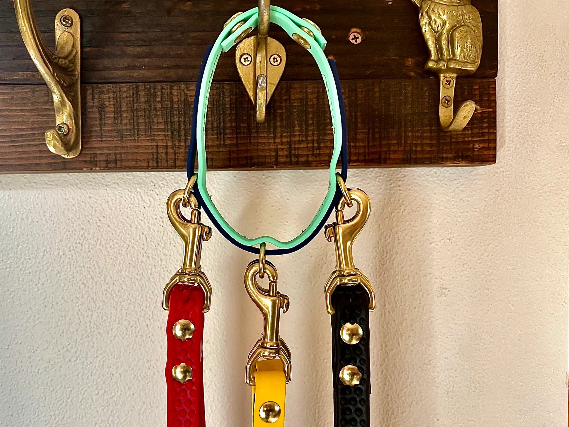 A Trailblazing Tails: The Leash Organiser by Your Whole Dog hanging neatly on a wooden hook.