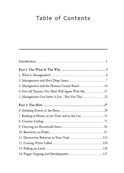 Explore the table of contents in "Manage It! Hacks for Improving Your Dog’s Behavior" by Juliana De Willems (Your Whole Dog), featuring chapters on dog training, behavior, and management with titles and page numbers.
