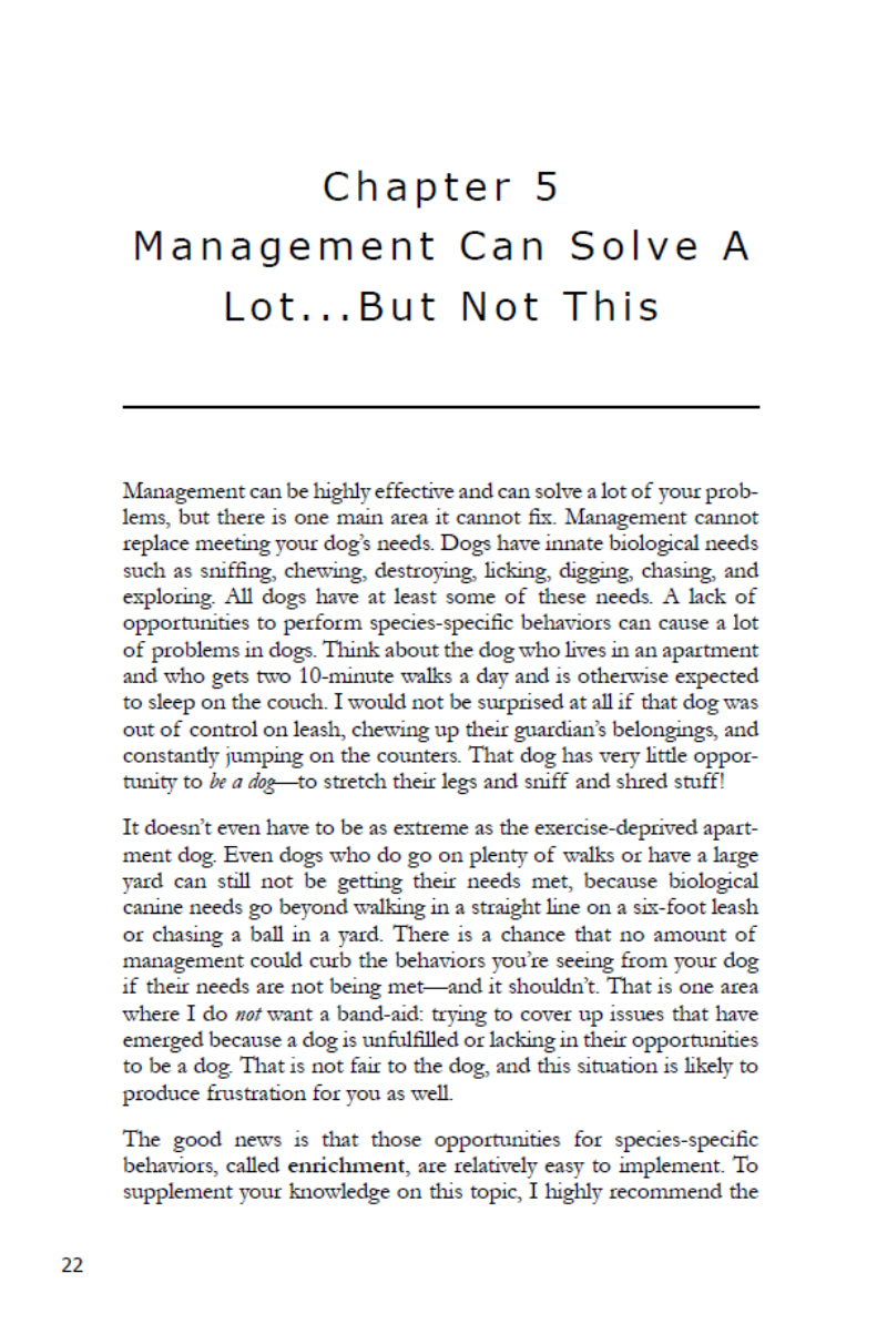 A page titled "Chapter 5: Management Can Solve A Lot...But Not This" from "Manage It! Hacks for Improving Your Dog’s Behavior" by Juliana De Willems (Your Whole Dog) discusses the limits of dog behavior management and highlights the need for dog-specific enrichment.