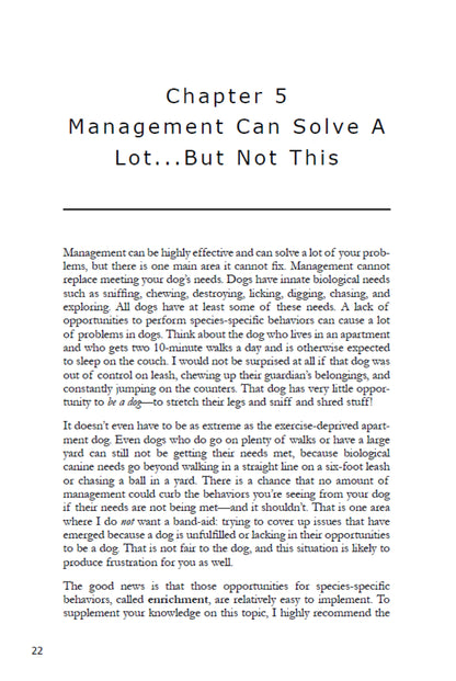 A page titled "Chapter 5: Management Can Solve A Lot...But Not This" from "Manage It! Hacks for Improving Your Dog’s Behavior" by Juliana De Willems (Your Whole Dog) discusses the limits of dog behavior management and highlights the need for dog-specific enrichment.