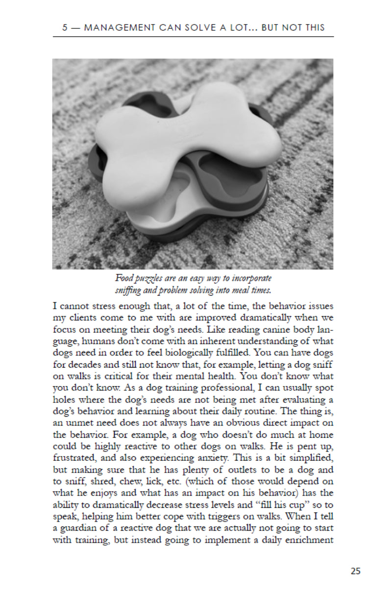 A page from "Manage It! Hacks for Improving Your Dog’s Behavior" by Juliana De Willems (Your Whole Dog) covers food puzzles and dog behavior management, with a photo showing a food puzzle toy and a caption on sniffing and problem solving.
