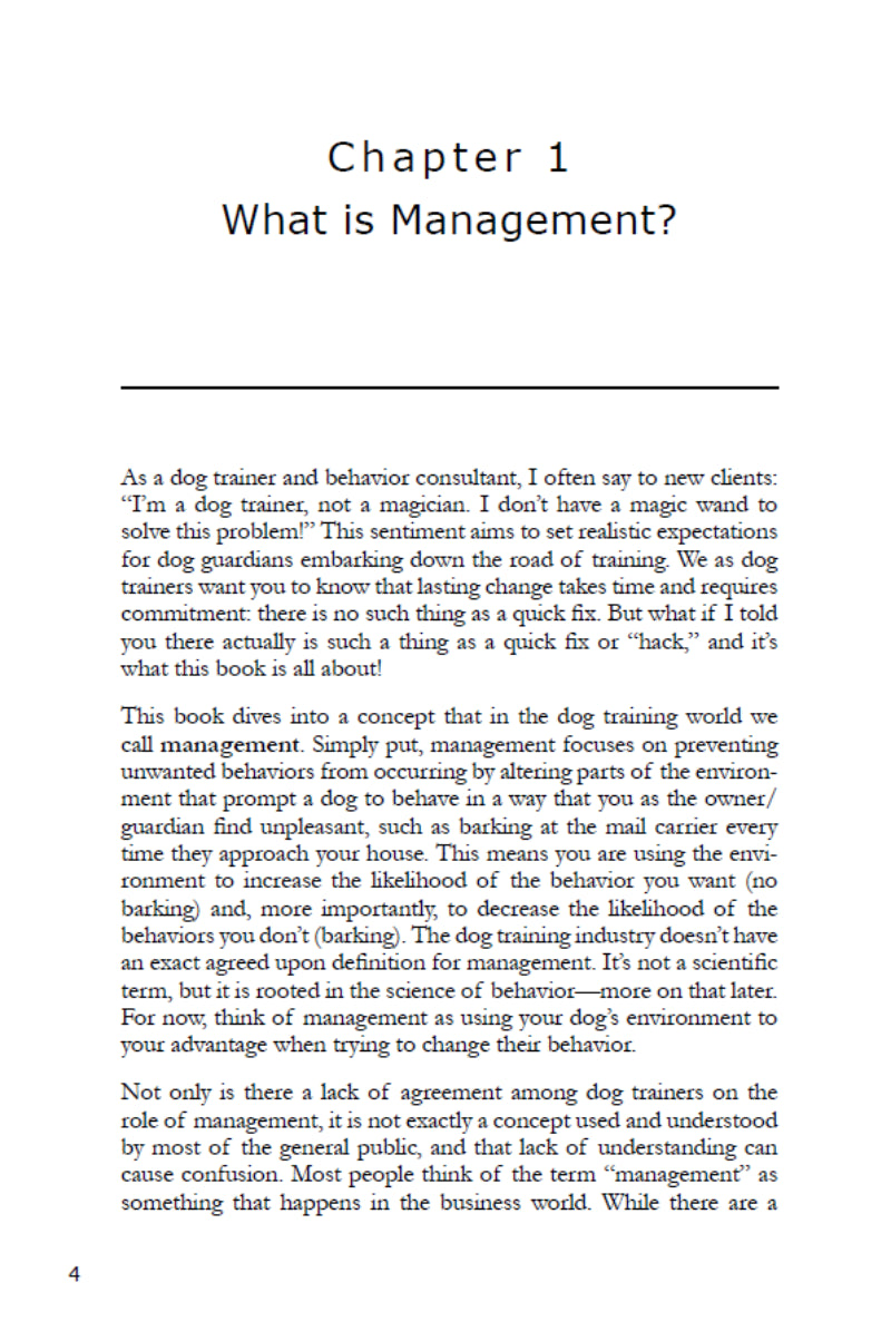 Page from "Book: Manage It! Hacks for Improving Your Dog’s Behavior" by Juliana De Willems (Your Whole Dog), explaining management concepts with a dog training analogy, similar to content in a dog behavior management guide.