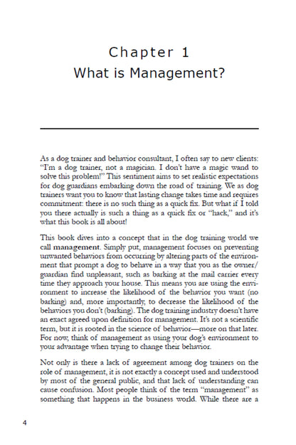 Page from "Book: Manage It! Hacks for Improving Your Dog’s Behavior" by Juliana De Willems (Your Whole Dog), explaining management concepts with a dog training analogy, similar to content in a dog behavior management guide.