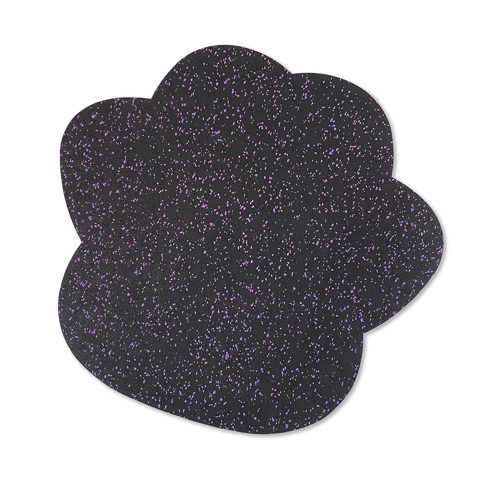 A pre-order shipment of Flexiness PawMat - PRE-ORDER, by Your Whole Dog, featuring black and purple paw prints on a white background.