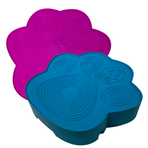 A blue and purple Flexiness PawStep dog paw shaped mat for balance training by Your Whole Dog.