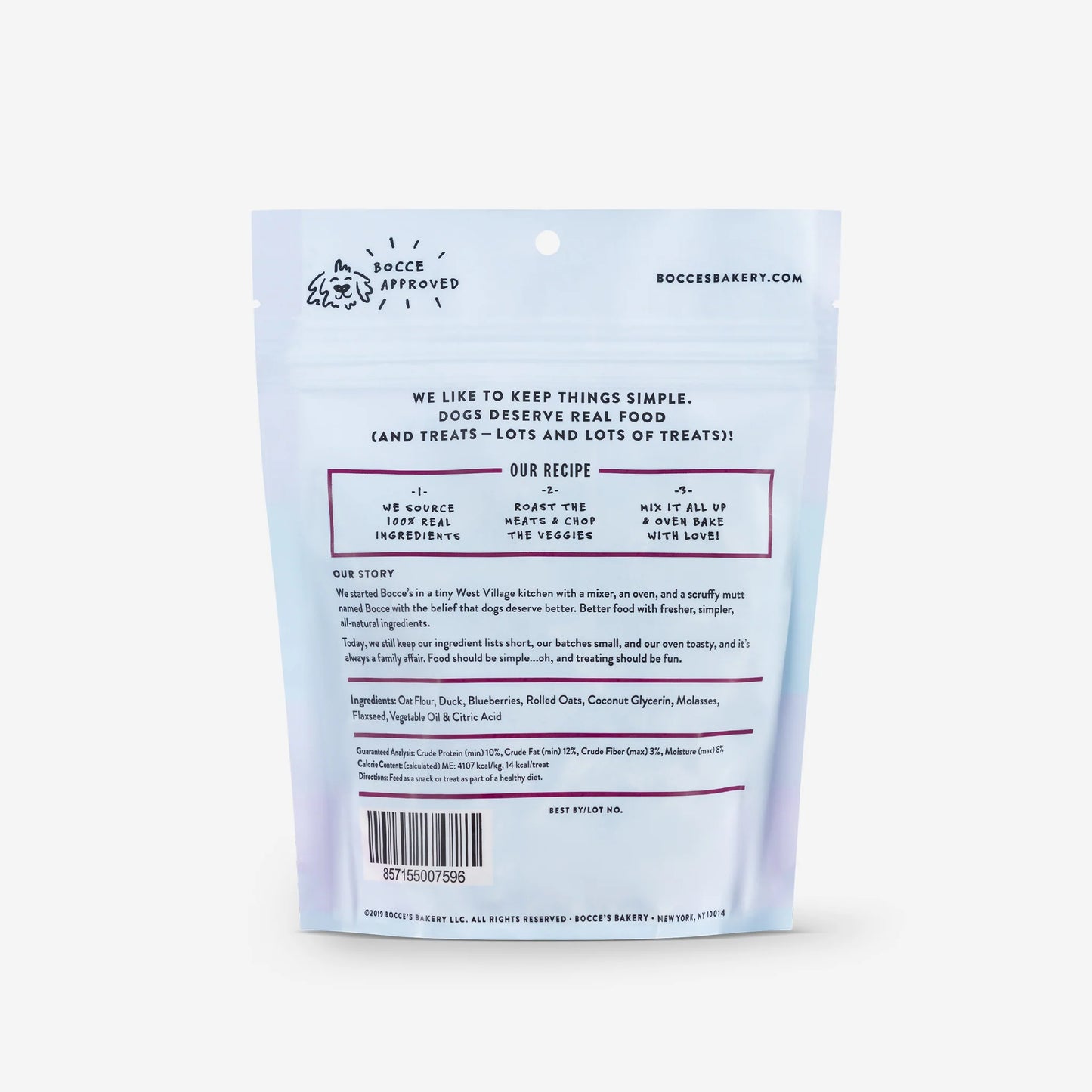 A white plastic bag with limited ingredients containing Bocce's Bakery: Quack, Quack, Quack Soft & Chewy Treats (6oz/170g) from Your Whole Dog.