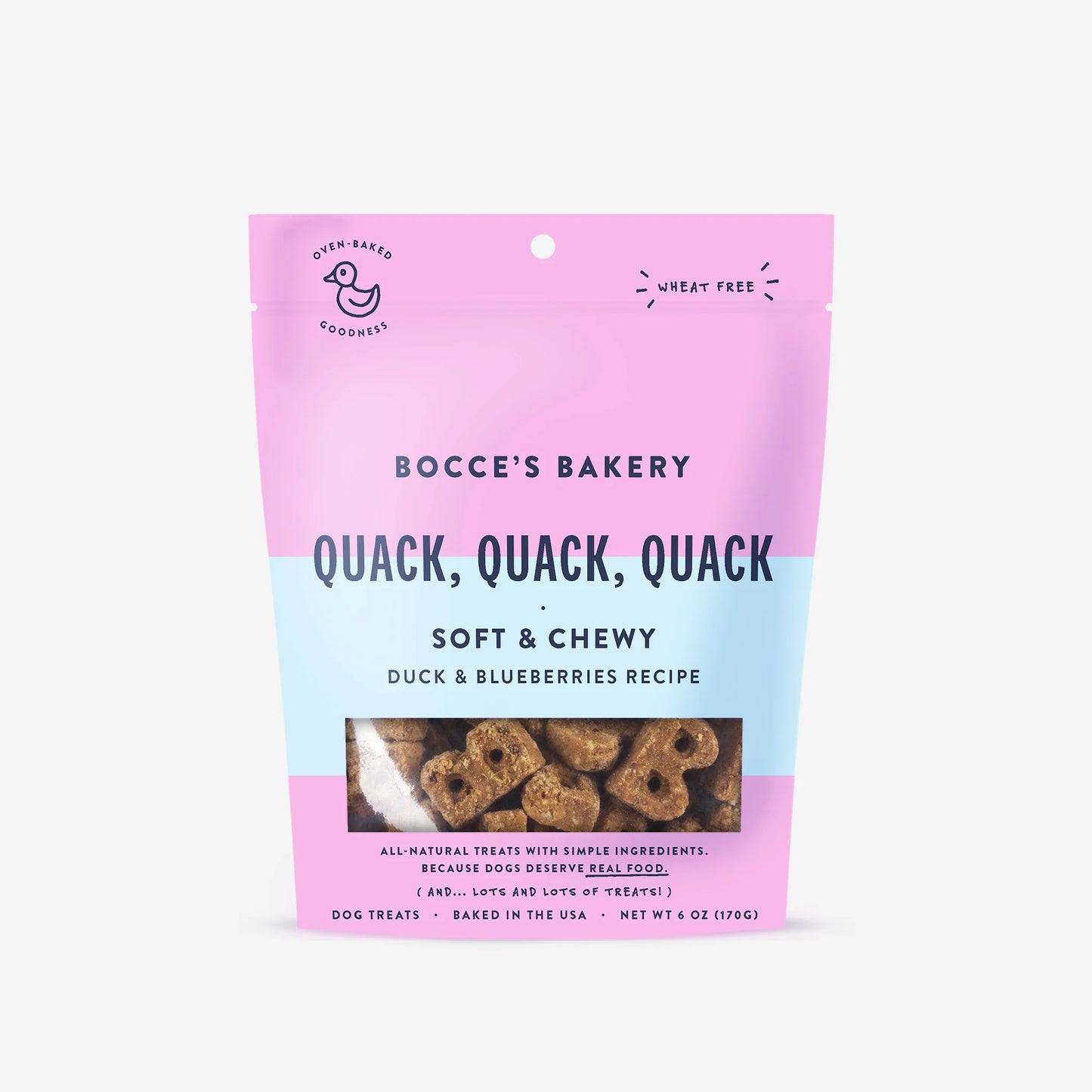 A limited ingredients bag of Bocce's Bakery: Quack, Quack, Quack Soft & Chewy Treats (6oz/170g), all-natural preservatives food by Your Whole Dog.