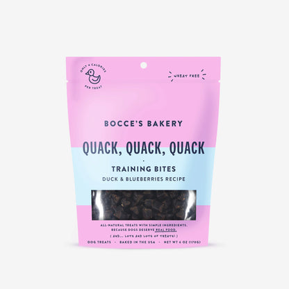 A pink bag of Bocce's Bakery: Quack, Quack, Quack Training Bites (6oz/170g) with real ingredients in it from Your Whole Dog.