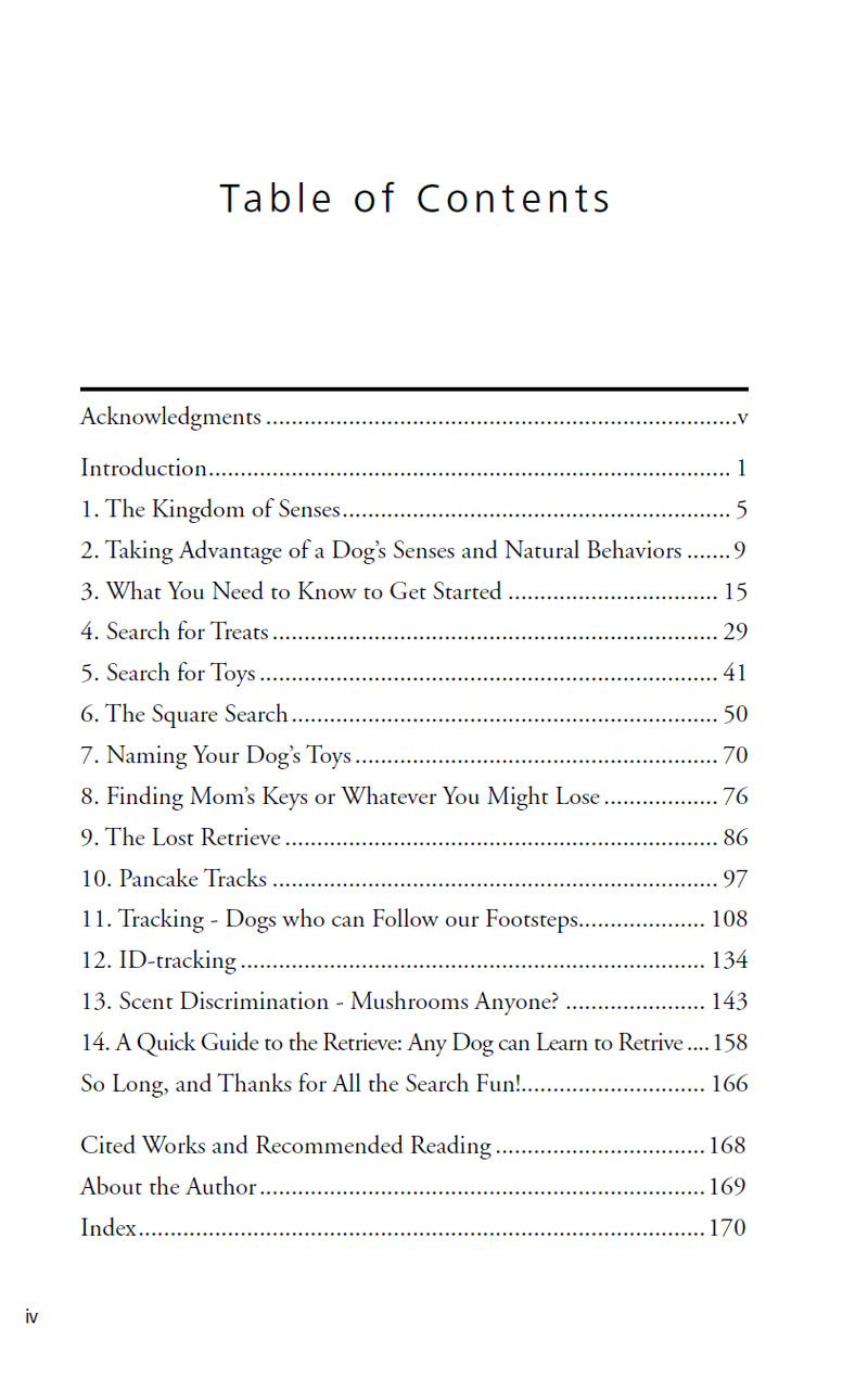 Table of Contents listing chapter titles and pages for "A Dog's Fabulous Sense of Smell: Step by Step Treat Search Tracking" by Anne Lill Kvam (Your Whole Dog), covering dog senses, activities, and management tips to prevent unwanted behaviours.