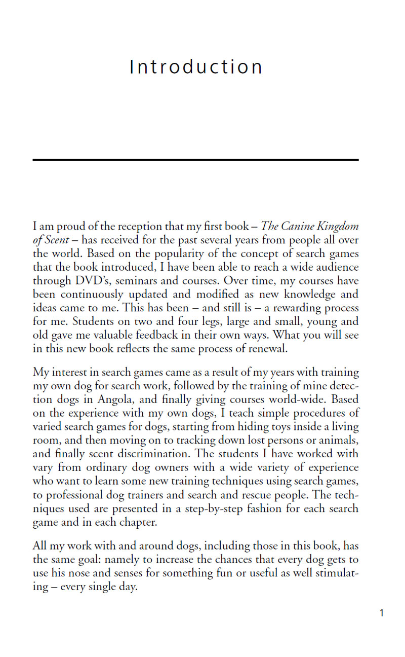 An "Introduction" page in Your Whole Dog's book, *A Dog's Fabulous Sense of Smell: Step by Step Treat Search Tracking* by Anne Lill Kvam, shares the author's dog training insights, references past work, and unveils a fresh method to prevent unwanted behaviors.