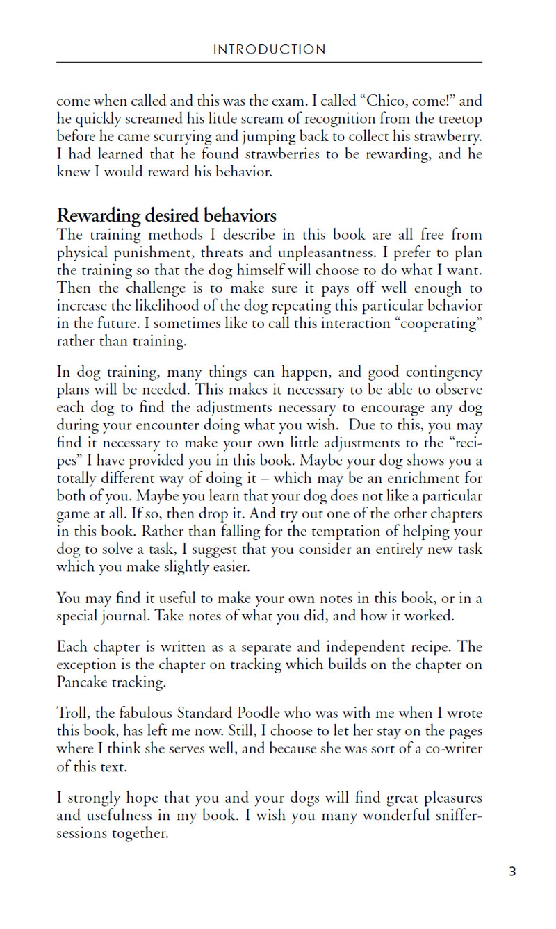 A page from "A Dog's Fabulous Sense of Smell: Step by Step Treat Search Tracking" by Anne Lill Kvam (Your Whole Dog) discusses dog training and behavior management with tips on rewarding good behavior. The top section features a personal anecdote.