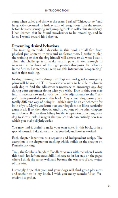A page from "A Dog's Fabulous Sense of Smell: Step by Step Treat Search Tracking" by Anne Lill Kvam (Your Whole Dog) discusses dog training and behavior management with tips on rewarding good behavior. The top section features a personal anecdote.